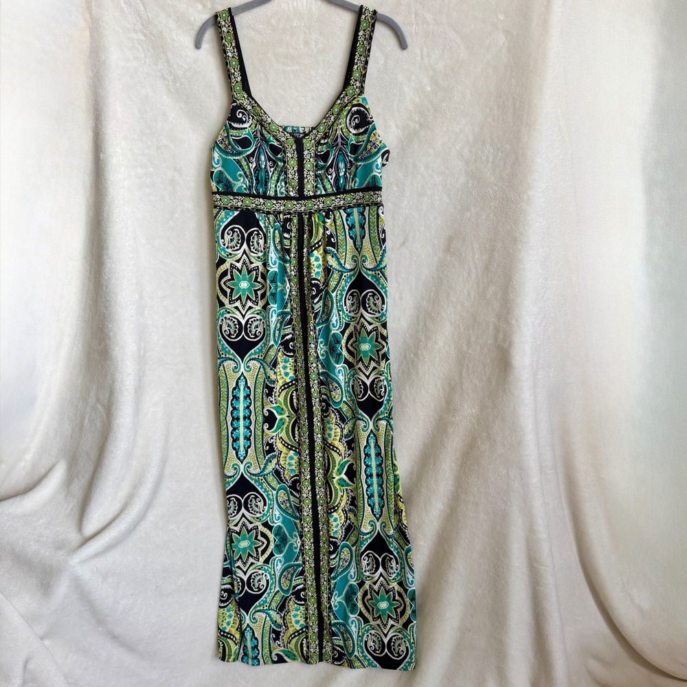APT.9 Teal Green Black Paisley Medallion Print Empire Waist Maxi Dress Size M